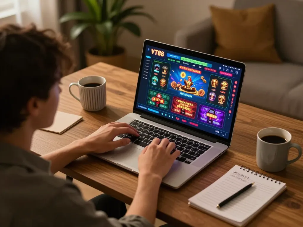 Player engaging with VT88 online casino on laptop, showcasing vibrant gaming interface and cozy home setup.