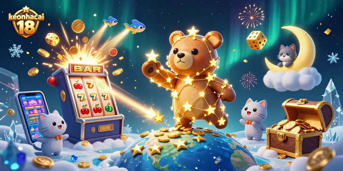 Engage in thrilling gambling with keonhacai 18, featuring a constellation bear, vibrant slot machines, and a jackpot frenzy.