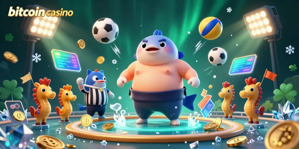 Experience thrilling action at a bitcoin casino with a lively underwater scene featuring colorful characters and crypto elements.