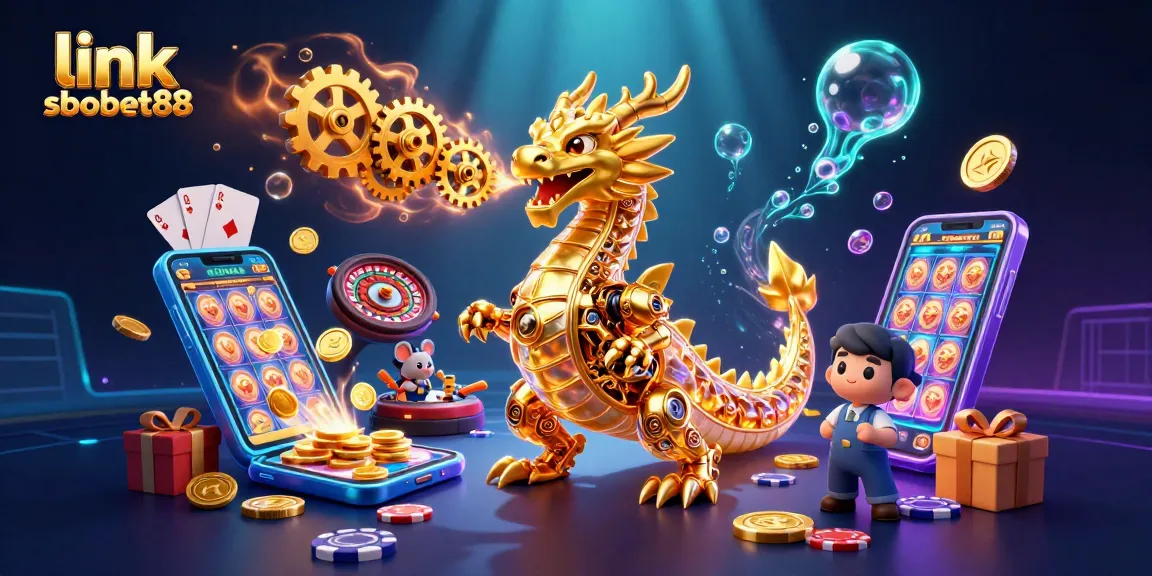 Engage with thrilling betting at link sbobet88, featuring a golden dragon amidst casino elements and vibrant games.