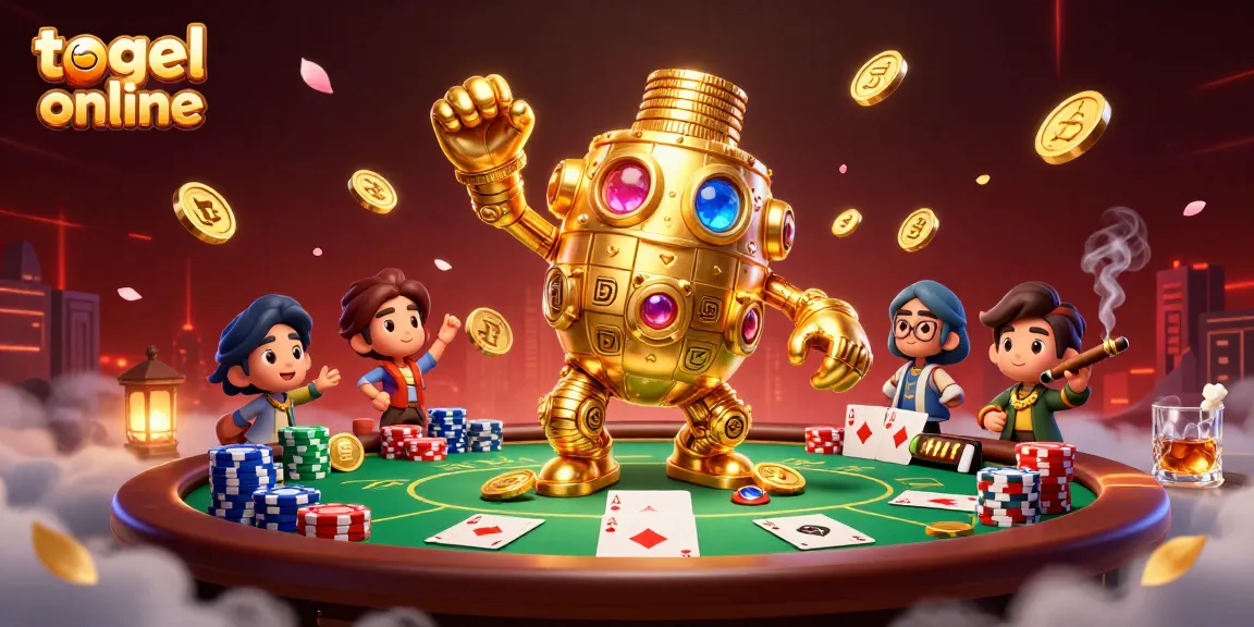 Engage in the thrilling world of togel online with a dynamic 3D illustration featuring a golden golem and poker gameplay.