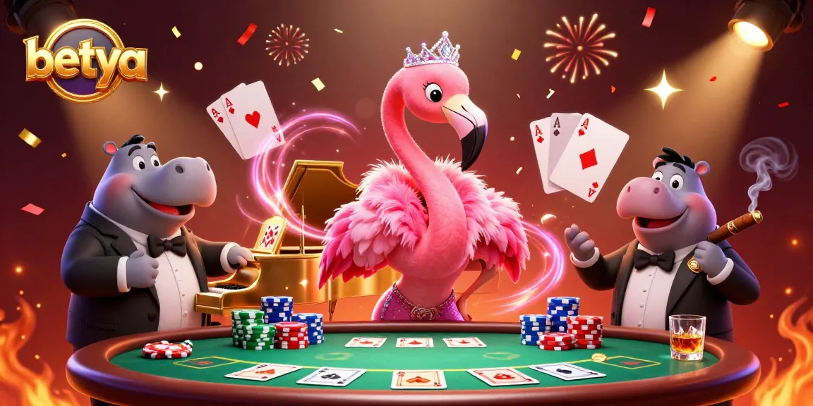 Enhance your game with betya's vibrant casino scene featuring a flamingo and hippo ensemble