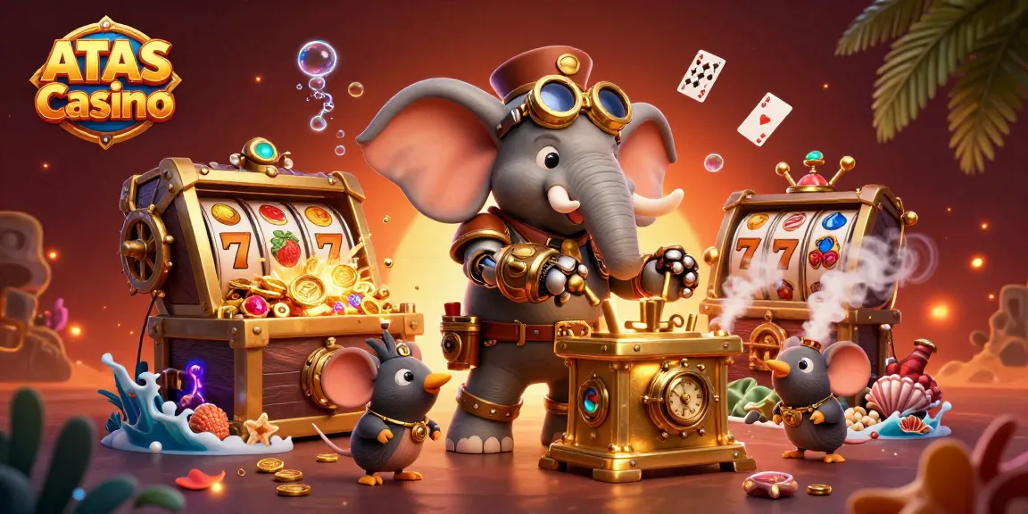 Engage with ATAS Casino's stunning 3D illustration featuring a steampunk elephant and vibrant game elements.
