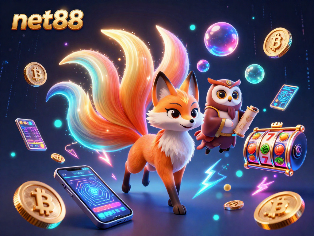 Play at net88's vibrant casino with a nine-tailed fox, glowing coins, and exciting slot reels.
