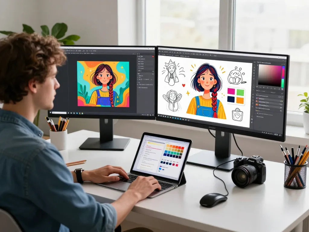Designer using nano banana 2 in a vibrant creative workspace, showcasing AI-generated images and sketches.