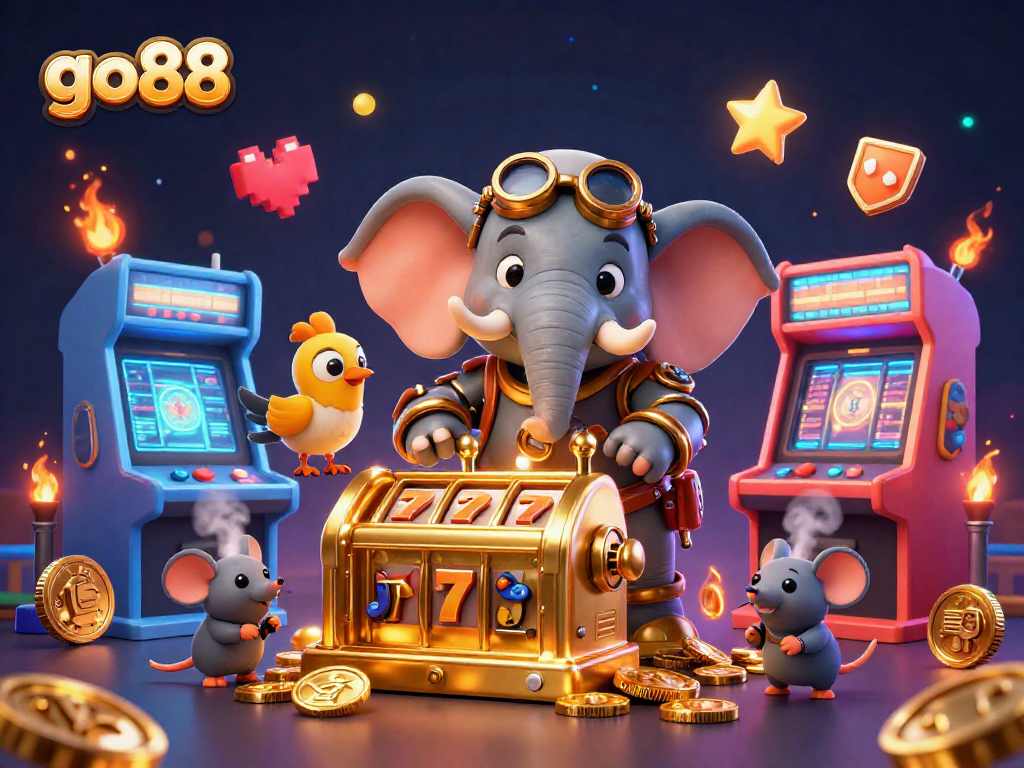 Engage with go88's vibrant casino scene, showcasing a steampunk-themed elephant at a golden slot machine.