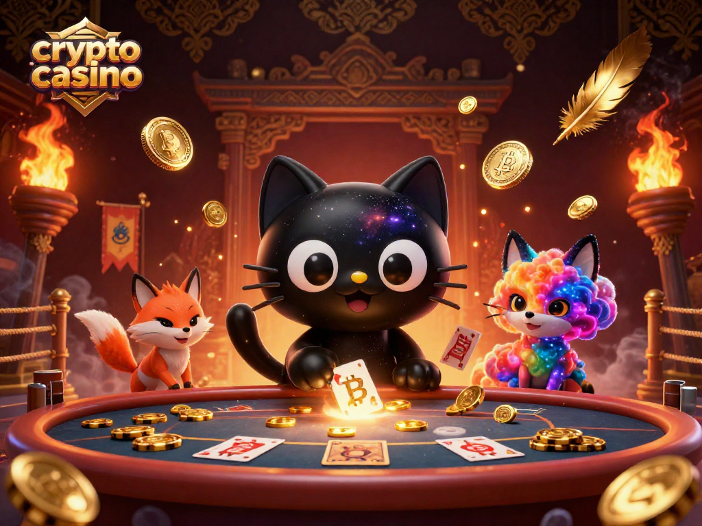 Engage in the crypto casino experience with a cosmic scene featuring a black hole cat and colorful fox.