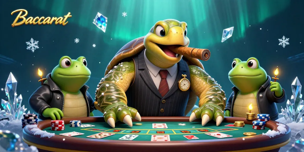 Baccarat scene featuring a snapping turtle in a mobster suit at a lively casino table with charming bullfrogs.