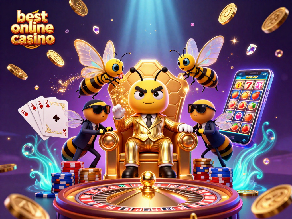 Experience the thrill at the best online casino, as a cartoon bumblebee mob boss commands the scene amid gold coins and vibrant symbols.