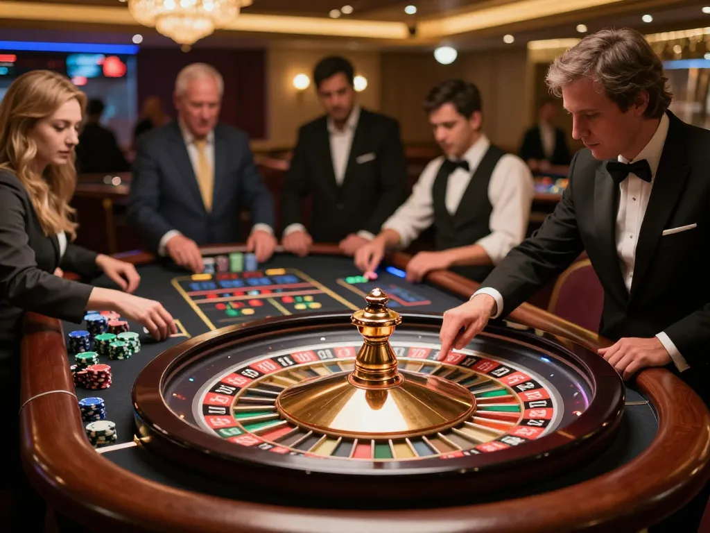 Watch players enjoy ดูหนังใหม่ at this vibrant roulette table in a luxurious casino