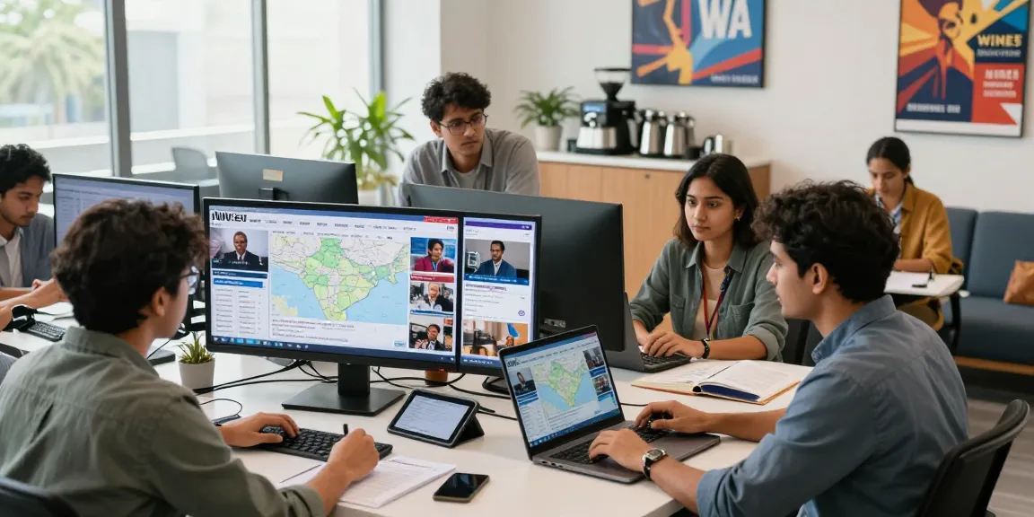 News portal collaboration scene featuring journalists at https://www.theindaily.com with live updates and an engaging workspace.