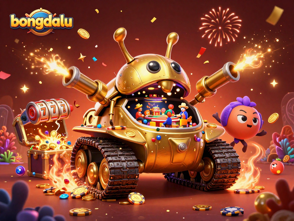 bongdalu unleashes excitement with a lively 3D casino scene inside a golden tank amidst vibrant treasure.