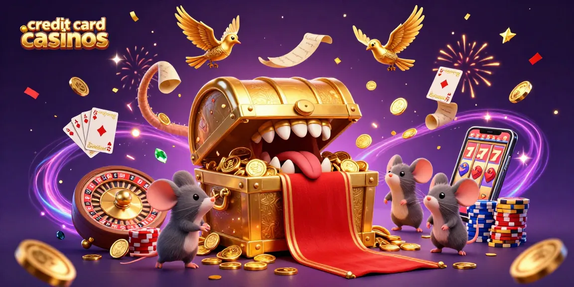 Spinning roulette and treasure chest at credit card casinos, enticing players with exciting rewards.