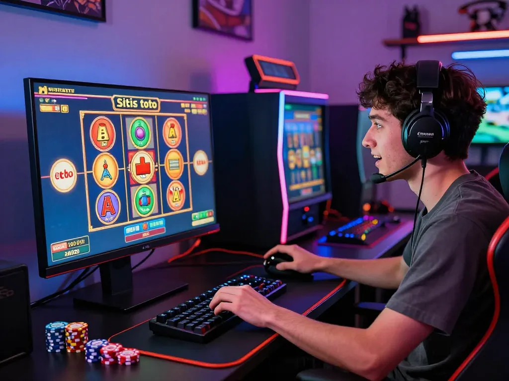 Player experiencing situs toto games at a modern gaming setup filled with vibrant excitement and gaming elements.