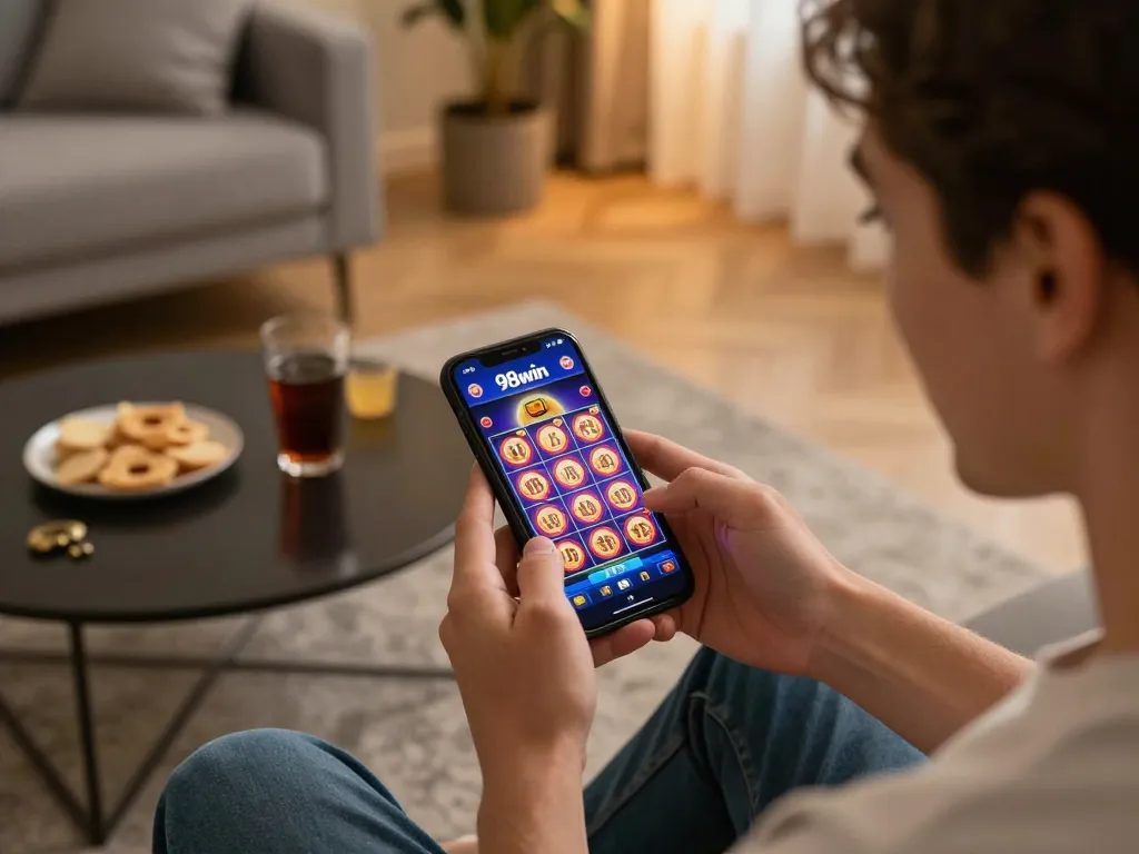 Engaging gameplay on app 98win with vibrant graphics in a cozy home setting.