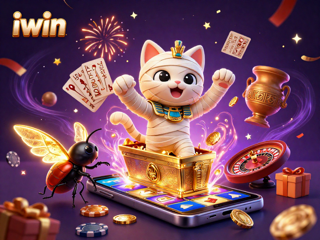 Play with iwin's vibrant gaming elements, featuring a mummy cat and scarab beetle in action.