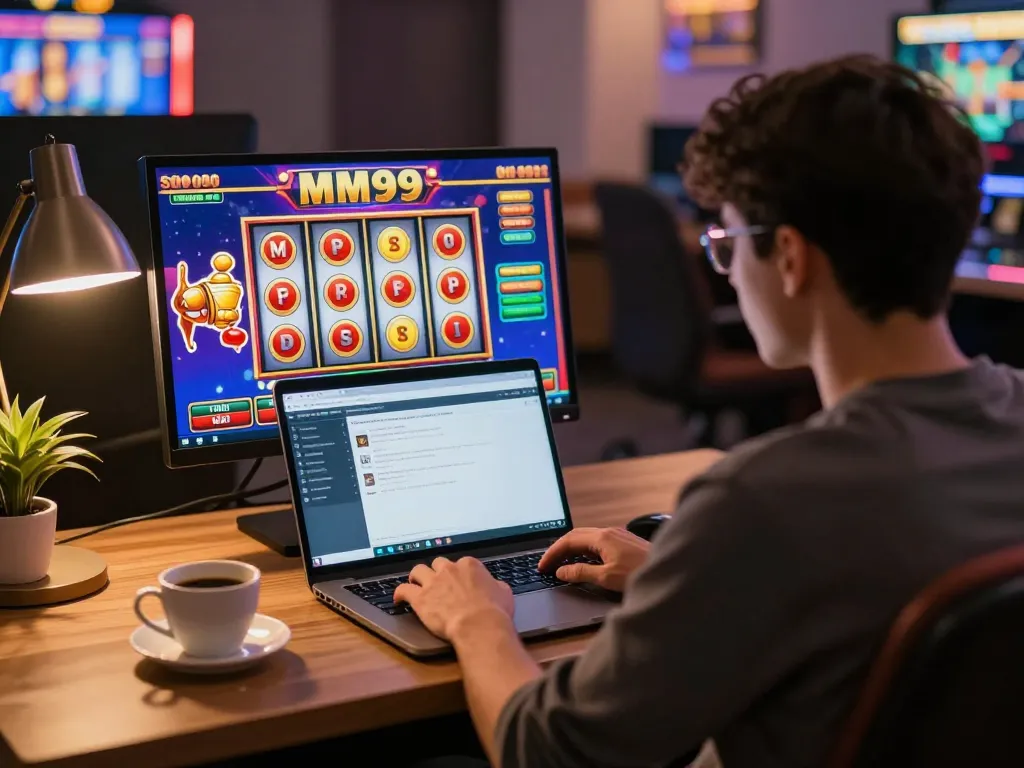 Player engaging with MM99 Slot game on a laptop in a cozy setup, showcasing vibrant gaming interface