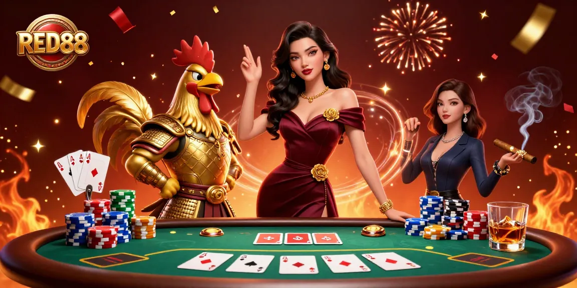 Join RED88's thrilling poker scene with glamorous characters and vibrant casino elements.