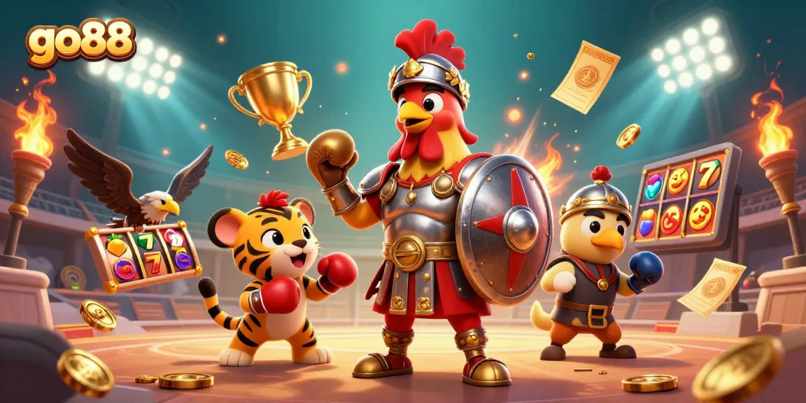 Engage with go88 through a vibrant casino scene featuring a gladiator rooster and dynamic slot elements.