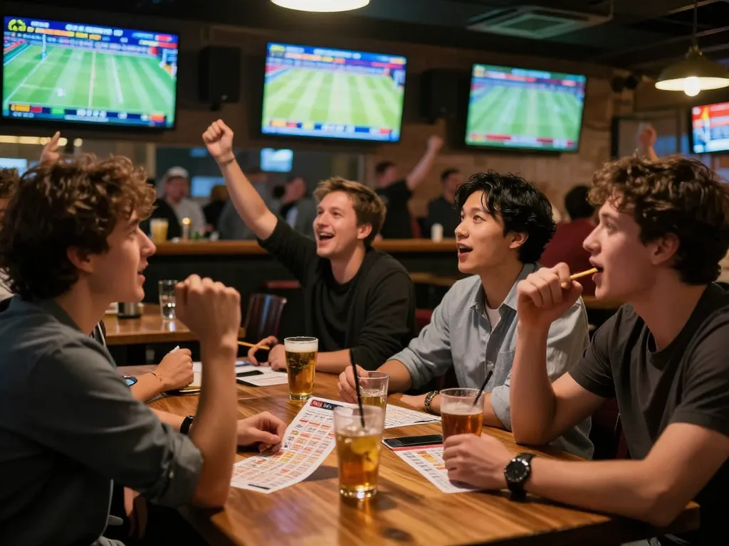 Engaged sports bettors analyzing odds and placing bets responsibly at a lively sports bar while enjoying the moment and following soi kèo updates.