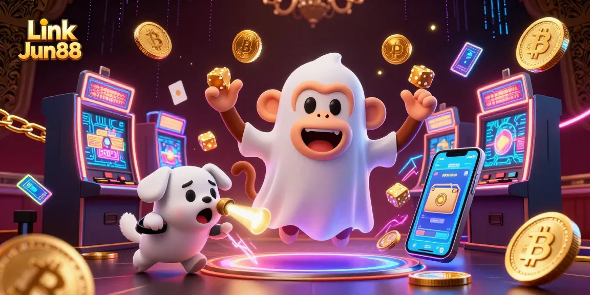 Engage with winning strategies at Link Jun88 in an ultra-detailed casino scene showcasing vibrant characters and rich gaming elements.
