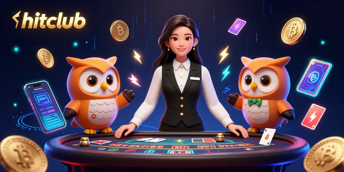 Hitclub casino illustration showcasing a baccarat table, Asian dealer, and cryptocurrency elements.