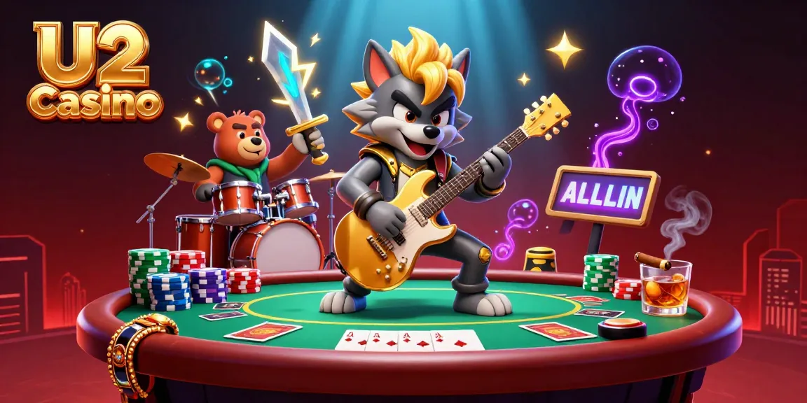 Experience thrilling action at U2 Casino with dynamic characters, vibrant poker elements, and glowing effects.