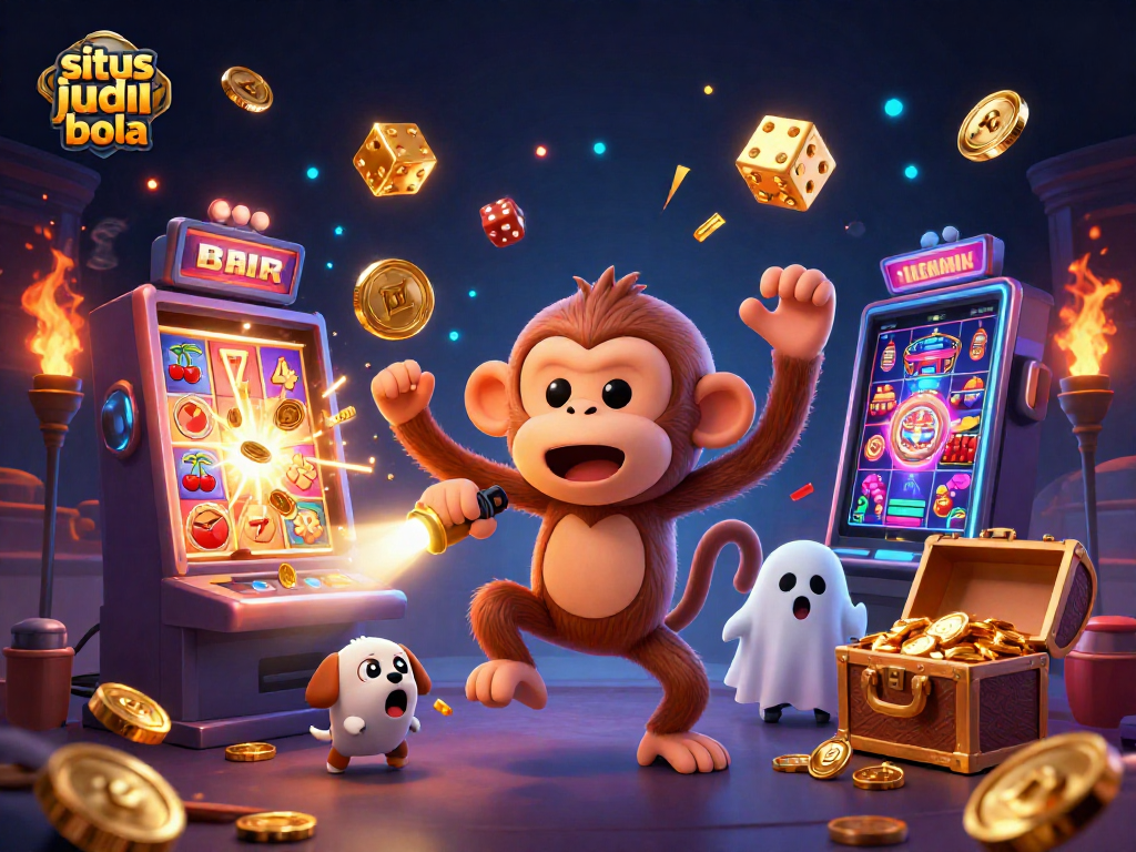 Engage with situs judi bola in this dynamic illustration featuring golden coins and playful characters in a vibrant casino environment.