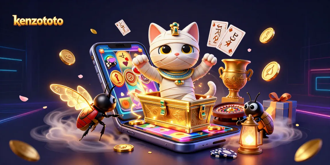 Kenzototo's vibrant gaming scene features a mummy cat, gold coins, and slot games, bringing excitement and wins.
