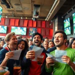 Excited fans enjoying Sports Betting atmosphere in a vibrant sports bar, watching games.