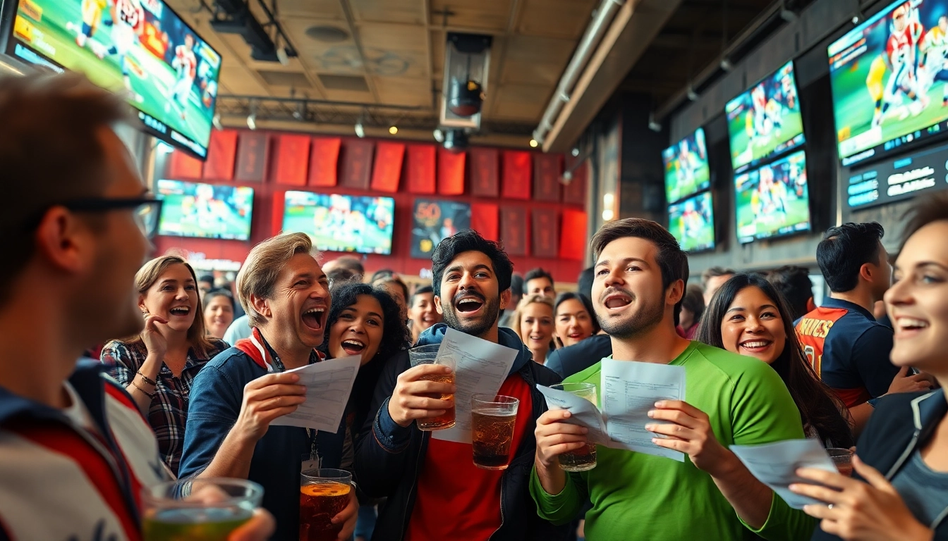 Excited fans enjoying Sports Betting atmosphere in a vibrant sports bar, watching games.