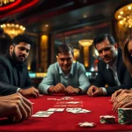 Engaged players in a Poker Game strategizing at a casino table with chips and cards.