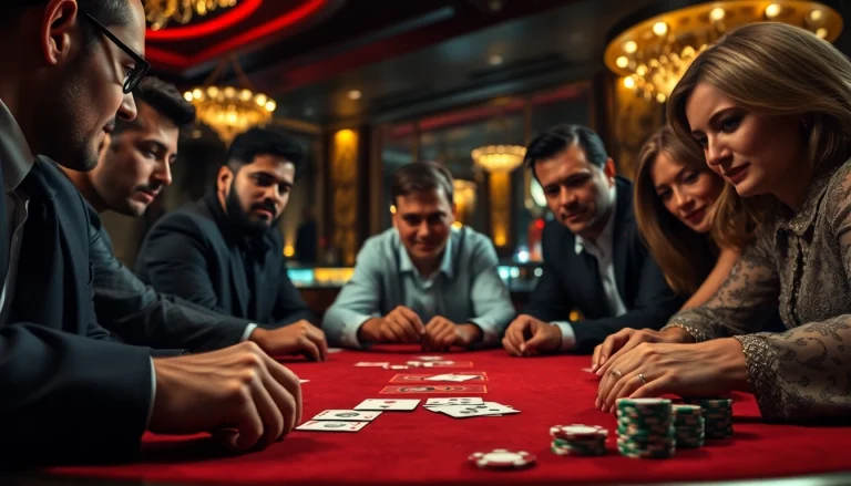 Engaged players in a Poker Game strategizing at a casino table with chips and cards.