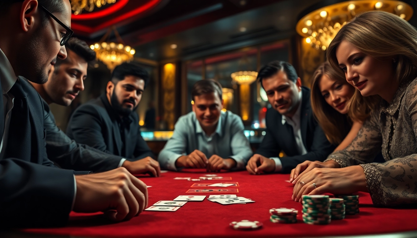 Engaged players in a Poker Game strategizing at a casino table with chips and cards.