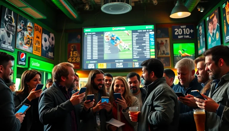 Engaging bettors enjoying online Betting at a lively sports bar with screens showing live odds.