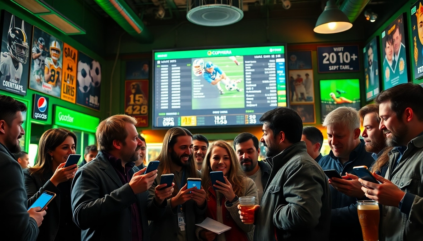 Engaging bettors enjoying online Betting at a lively sports bar with screens showing live odds.