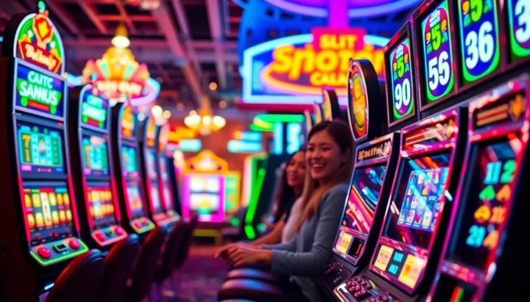 Slot Game dengan pemain yang gembira di kasino, menampilkan mesin slot penuh warna.