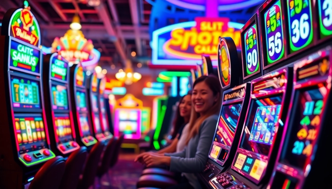 Slot Game dengan pemain yang gembira di kasino, menampilkan mesin slot penuh warna.