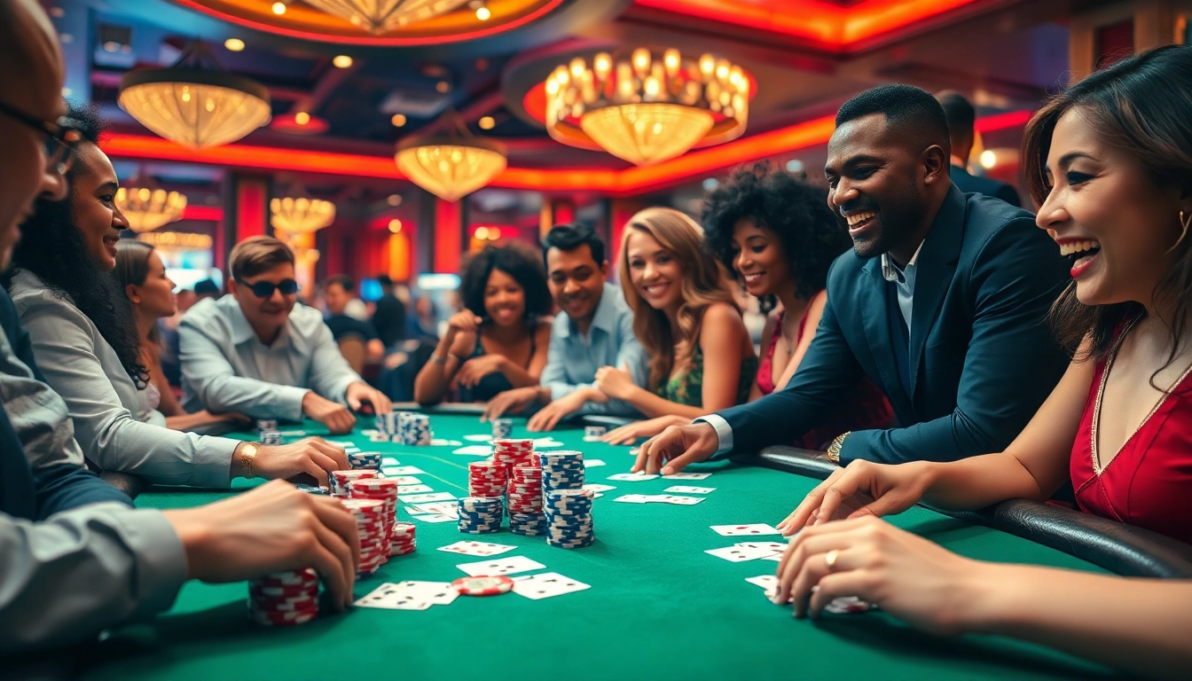 Engage in the thrilling atmosphere of Blackjack Casino with diverse players at a vibrant table.