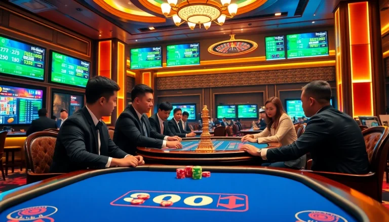 Engaged players at a Kèo Tài Xỉu betting table in a vibrant casino atmosphere.