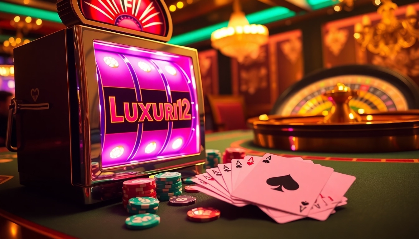 Winning spin on Luxury12 slot machine with vibrant casino scene including poker chips and cards.