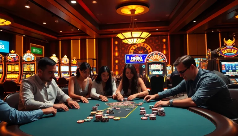 Experience the thrill of RR88 Auction with players at a luxurious casino poker table.