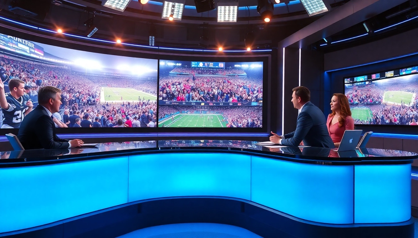 Hosts in a vibrant sports broadcasting studio discussing game highlights.