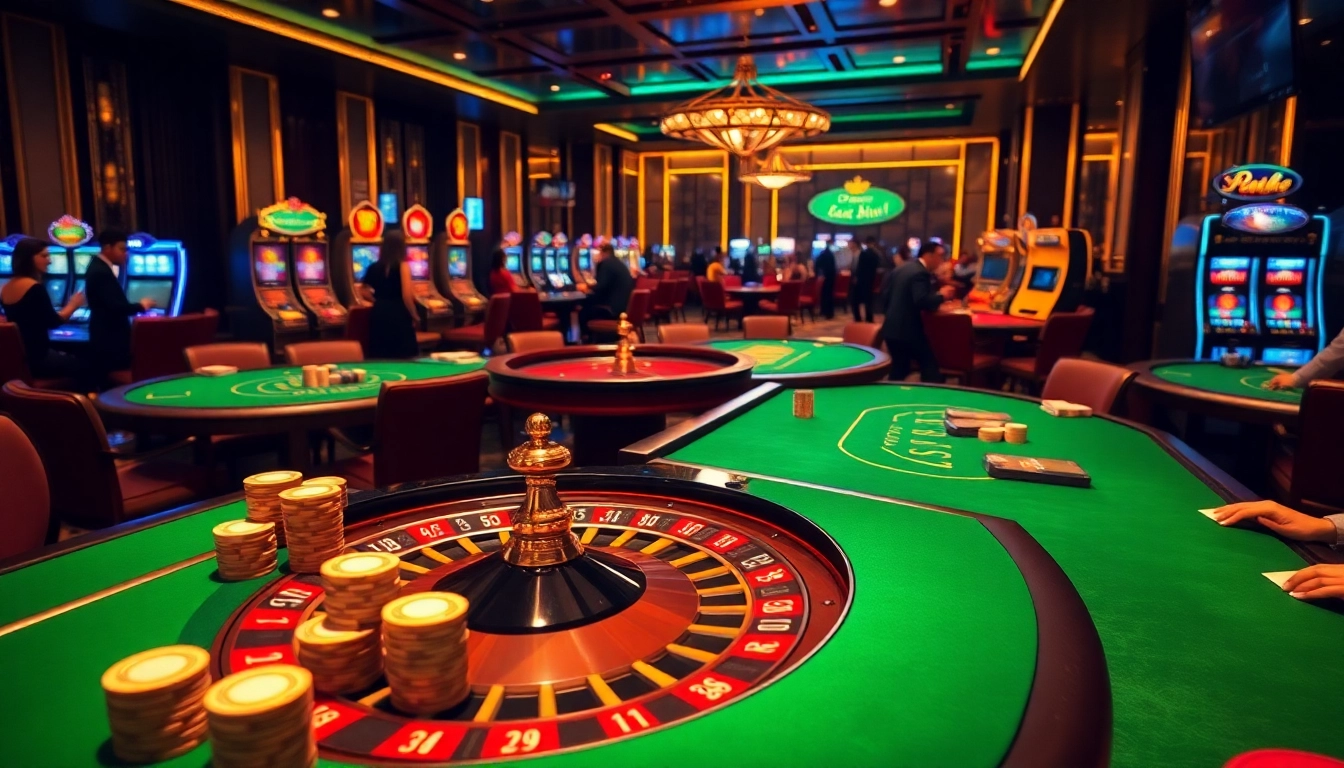 Experience excitement at Trang chủ Luck8 with vibrant poker tables and roulette in a luxurious casino atmosphere.