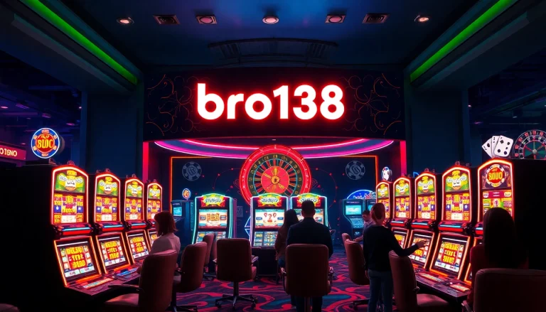 Experience the thrill of bro138 in a vibrant casino with luxurious slot machines and eager players.