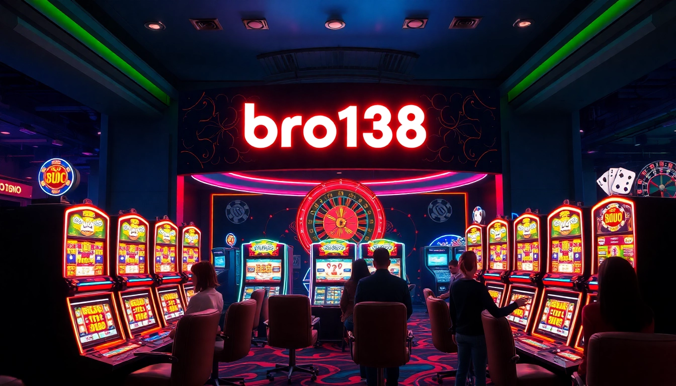 Experience the thrill of bro138 in a vibrant casino with luxurious slot machines and eager players.