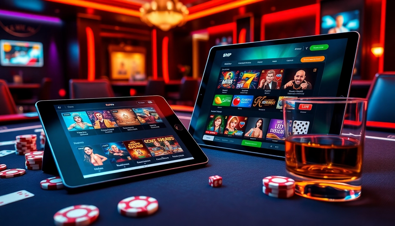 Engaging scene of online gambling with 68VIP poker chips and a tablet interface showcasing casino games.