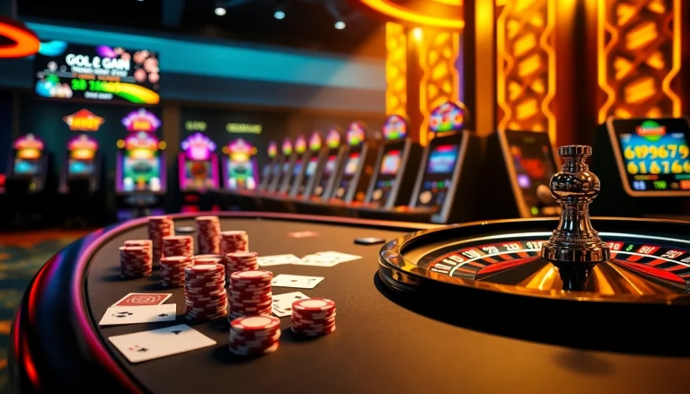 Experience the thrill of winning at qqmacan with vibrant slot machines and poker chips on a modern gaming table.