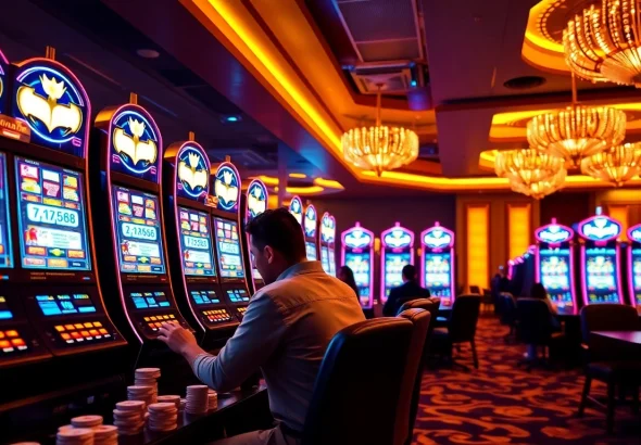 Experience seamless gaming with Batman138 login amid vibrant slot machines and poker action.