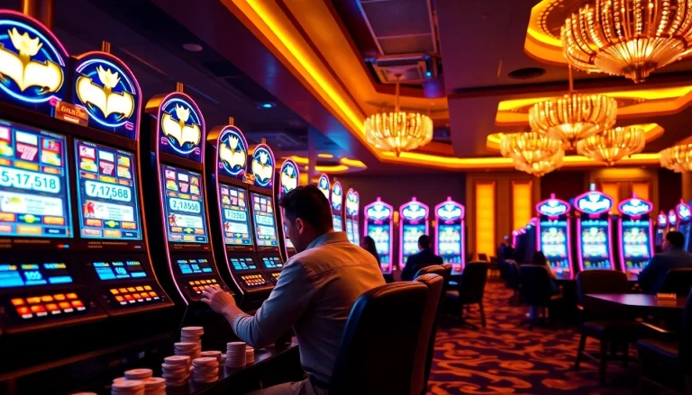 Experience seamless gaming with Batman138 login amid vibrant slot machines and poker action.